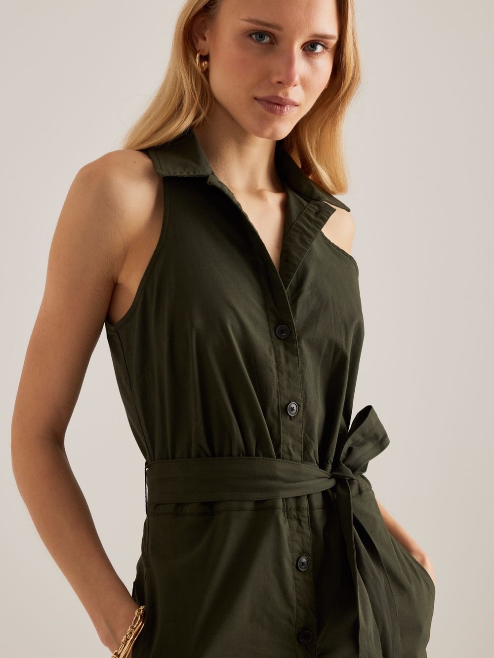 Maeve Olive Green Sleeveless Button-Front Jumpsuit with Waist Tie - Picture 1 of 4